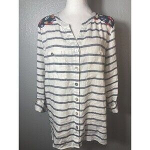 John Mark Tunic Top Striped Linen Floral Embroidered Button Split V Neck L